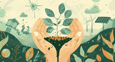 Fototapeta na wymiar Embracing Eco-Friendly Living: Hands Holding Sprouting Soil Surrounded by Sustainable Icons