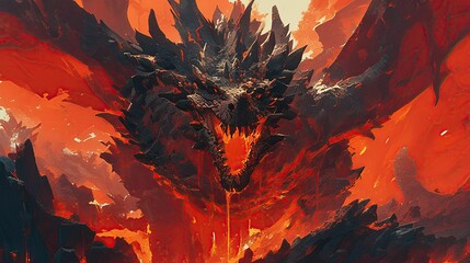 A monstrous dragon emerging from a fiery volcanic crater, molten lava dripping from its scales and fangs , 3d style