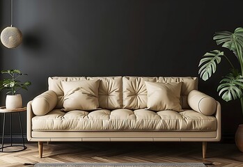 Modern living room interior with a beige leather sofa and black wall mockup