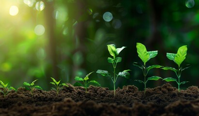  Natural Growth and Radiance， green plants growing from soil at different heights 

