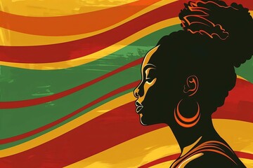 powerful africanamerican woman profile on panafrican flag colors for juneteenth vector illustration - obrazy, fototapety, plakaty