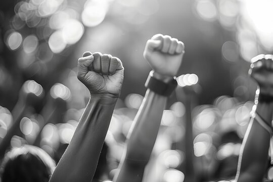 raised fist protest at rally young activists for social change black and white photo