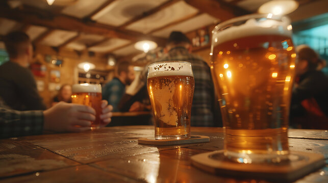 A cozy image capturing pints of beer on a pub table, surrounded by friends engaged in lively conversation and laughter.