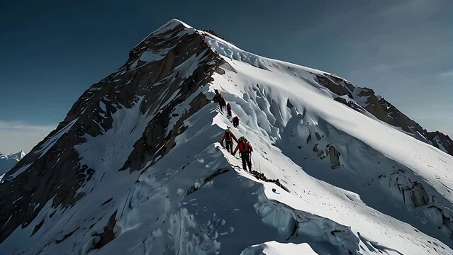A lengthy queue of mountaineers making their way towards the summit of Everest during the climbing season, shows the crowded conditions of high-altitude mountaineering in the Himalayas video animation