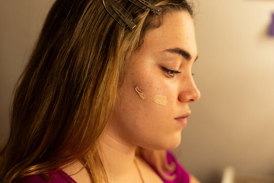 detail of applied foundation makeup 