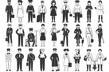 Set of characters of different professions. Men and women in uniform, professional activities vector icon, white background, black colour icon