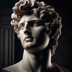 God Apollo bust sculpture. Ancient Greek god of Sun and Poetry Plaster copy of a marble statue isolated on black	 - obrazy, fototapety, plakaty
