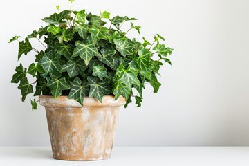 Fototapeta premium English Ivy in Flowerpot Closeup, Hedera Helix Macro House Plant in Flowerpot, Copy Space
