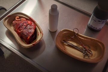 A fresh human placenta rests in its designated medical container, a vital organ of nourishment and...
