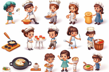 Set of characters preparing meals. A pastry chef making a cake, a family making dumplings, a housewife making soup 3D avatars set vector icon, white background, black colour icon