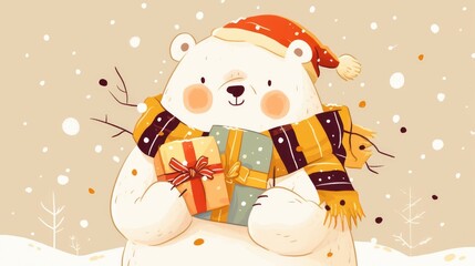 A cute cartoon bear sporting a cozy scarf and hat is cheerfully clutching a bunch of gifts