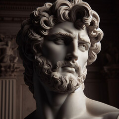 God Apollo bust sculpture. Ancient Greek god of Sun and Poetry Plaster copy of a marble statue isolated on black	