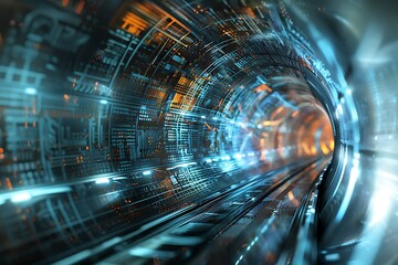 : An abstract representation of big data streams flowing through a high-tech tunnel.