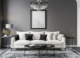 Modern living room interior with white sofa and black coffee table