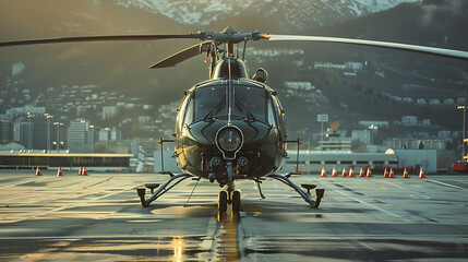 A compelling image depicting a helicopter stationed on the ground, its rotor blades at rest. - obrazy, fototapety, plakaty