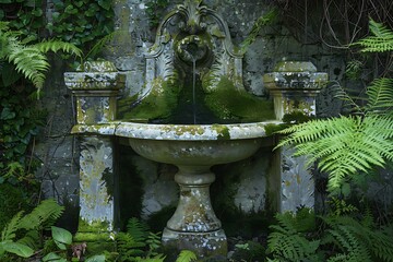 : An ancient stone fountain overgrown with moss, nestled among ferns in a hidden garden.