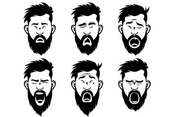 Set of character bearded man with different gestures and emotions. Greeting, conversation, doubt, guy with a laptop, thinks, approval. 3D avatars set vector icon, white background, black colour icon