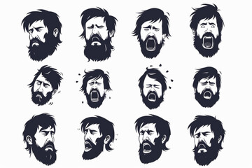 Set of character bearded man with different gestures and emotions. Greeting, conversation, doubt, guy with a laptop, thinks, approval. 3D avatars set vector icon, white background, black colour icon