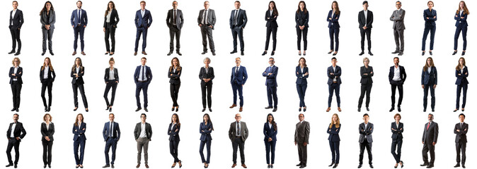 Many business people set on isolated background, formal attire wear, full body length, networking mixed different diversed businesspeople, happy male and female, successful career, crisp edges style