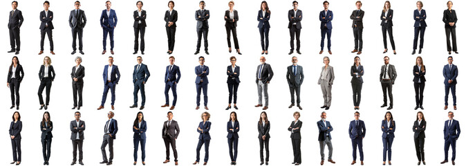 Many business people set on isolated background, formal attire wear, full body length, networking mixed different diversed businesspeople, happy male and female, successful career, crisp edges style - Powered by Adobe