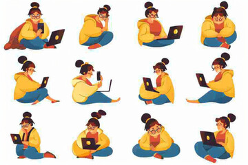 Set of cute plump girl character in various actions on a white background. Young woman thinks, uses laptops, phone vector icon, white background, black colour icon