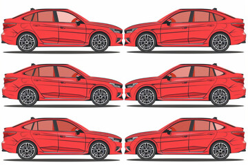 Set of different angles of a red car. City sport sedan view from the side, front, rear and in profile. Vehicle for your project vector icon, white background, black colour icon