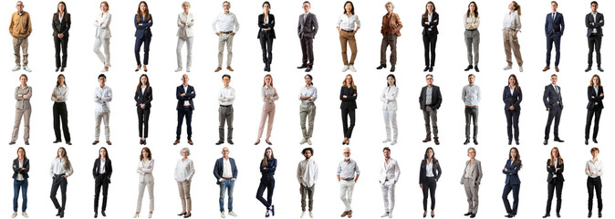 Obraz premium Many business people set isolated background, casual formal attire wear, full body length, networking mixed different diversed businesspeople, happy male female, successful career, crisp edges style