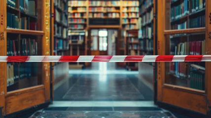 Fotobehang Library closed off with red and white barrier tape © Татьяна Макарова
