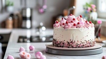 Fototapeta premium Decorated cake with white frosting and red berries on kitchen counter