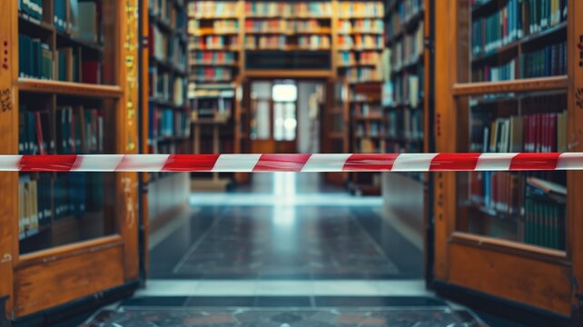 Library closed off with red and white barrier tape
