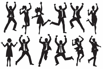 Set of happy business people celebrating victory or success. The concept of joy. Men and women are excited vector icon, white background, black colour icon