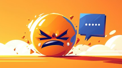 A cartoon illustration of a sad emoji character is expressing frustration with a colorful speech bubble - obrazy, fototapety, plakaty