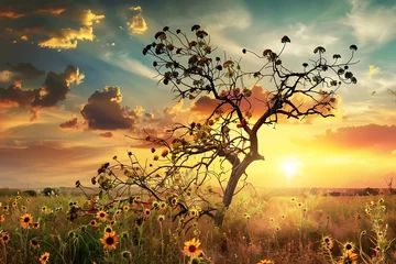 Foto op Canvas Beautiful landscape of dry tree branch and sun flowers field against colorful evening dusky sky use as natural background, backdrop . © crescent