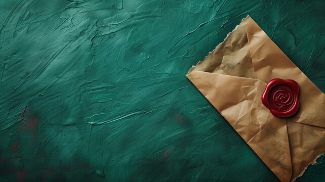 Old-fashioned wax-sealed envelope on textured green background