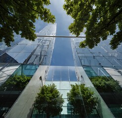 environmentally friendly, sustainable construction. Eco-friendly building. An environmentally friendly glass office block with a tree to offset carbon emissions. Green surroundings at the office. Corp - obrazy, fototapety, plakaty