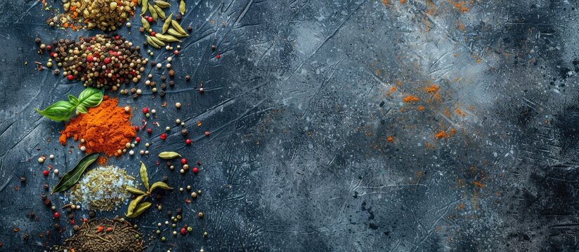 Different types of spices arranged on a stone tabletop, seen from above with space for text.