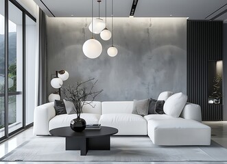 Modern living room interior with white sofa and black table