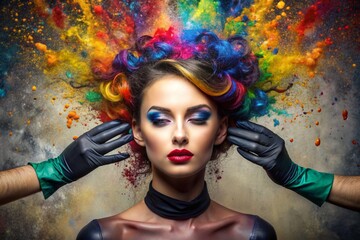 A creative banner for a beauty salon or barbershop. Fashionable professional hair coloring. A beautiful woman with long multicolored hair. An explosion of colors on the head.