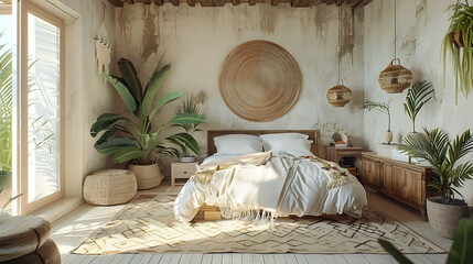 Coastal boho style bedroom interior, wall mockup, 3d render, realistic interior design