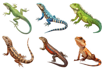 Fototapeta premium Collection of colorful reptiles on transparent background. Tropical lizards and iguanas clip art. Set of exotic pets character design. Cut out colorful elements for design.