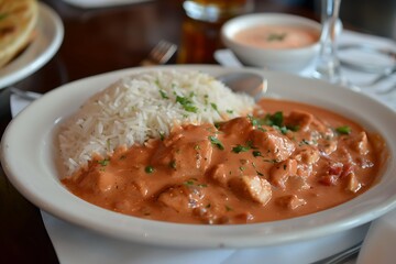 : A plate of spicy chicken tikka masala, with tender chicken pieces cooked in a creamy tomato-based sauce, served with fragrant basmati rice.
