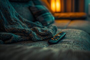 A remote control placed on a sofa. . - obrazy, fototapety, plakaty