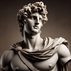 God Apollo bust sculpture. Ancient Greek god of Sun and Poetry Plaster copy of a marble statue isolated on black.