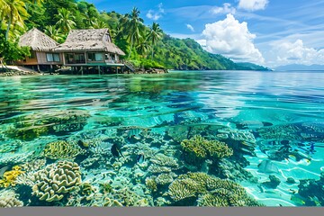: A remote tropical paradise, with palm-fringed beaches and clear turquoise waters teeming with colorful fish and vibrant coral reefs. - obrazy, fototapety, plakaty