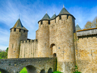 Towers and walls of the medieval citadel of Carcassonne . - obrazy, fototapety, plakaty