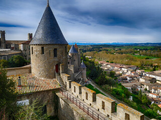 Towers and walls of the medieval citadel of Carcassonne . - obrazy, fototapety, plakaty