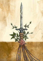 Artistic Sword with Rose and Vines Symbolizing Strength and Beauty - obrazy, fototapety, plakaty