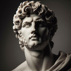 God Apollo bust sculpture. Ancient Greek god of Sun and Poetry Plaster copy of a marble statue isolated on black.
