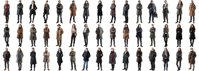 Many business people set on isolated background, winter formal business attire wear, full body...