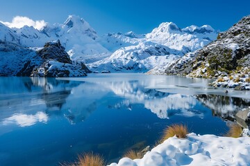 A tranquil lake surrounded by snow-capped peaks, its surface frozen in winter and dusted with a light layer of snow under a clear blue sky.